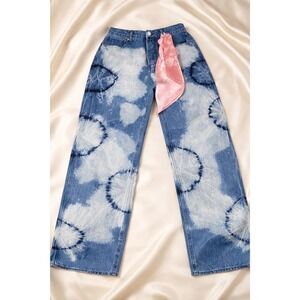 Juicy Couture Tie Dye Wide Leg Jeans Blue White Cloud Wash Scarf Belt Womens 27